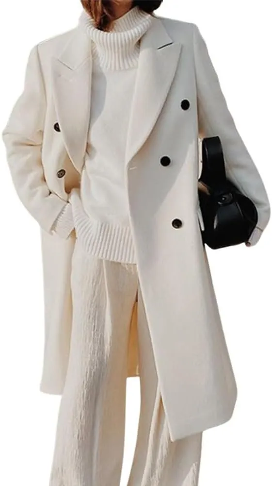 chouyatou Women's Double Breasted Wool Coat Notched Lapel Collar Winter Pea Coat Overcoat Long Jackets