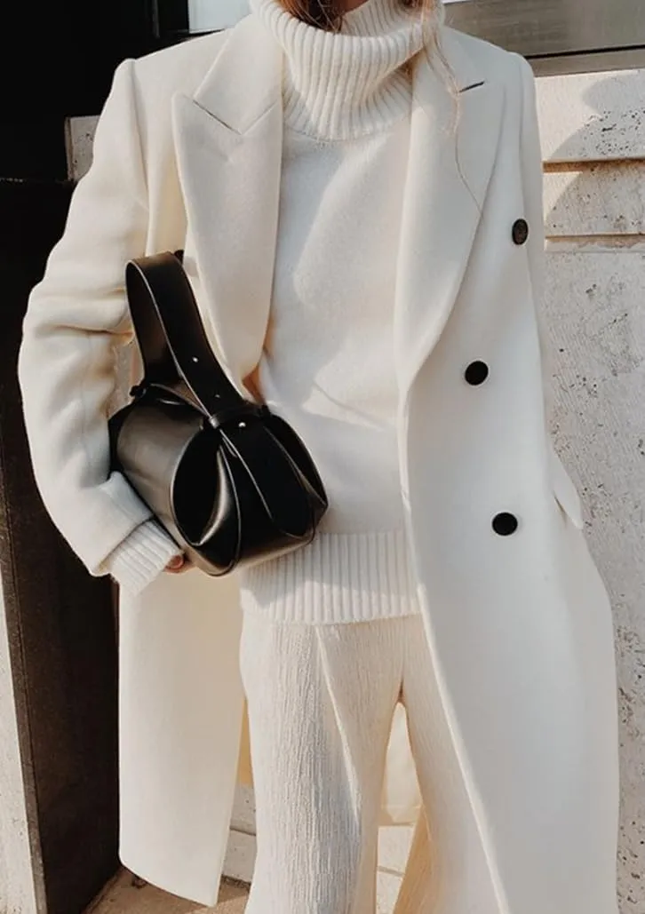 chouyatou Women's Double Breasted Wool Coat Notched Lapel Collar Winter Pea Coat Overcoat Long Jackets