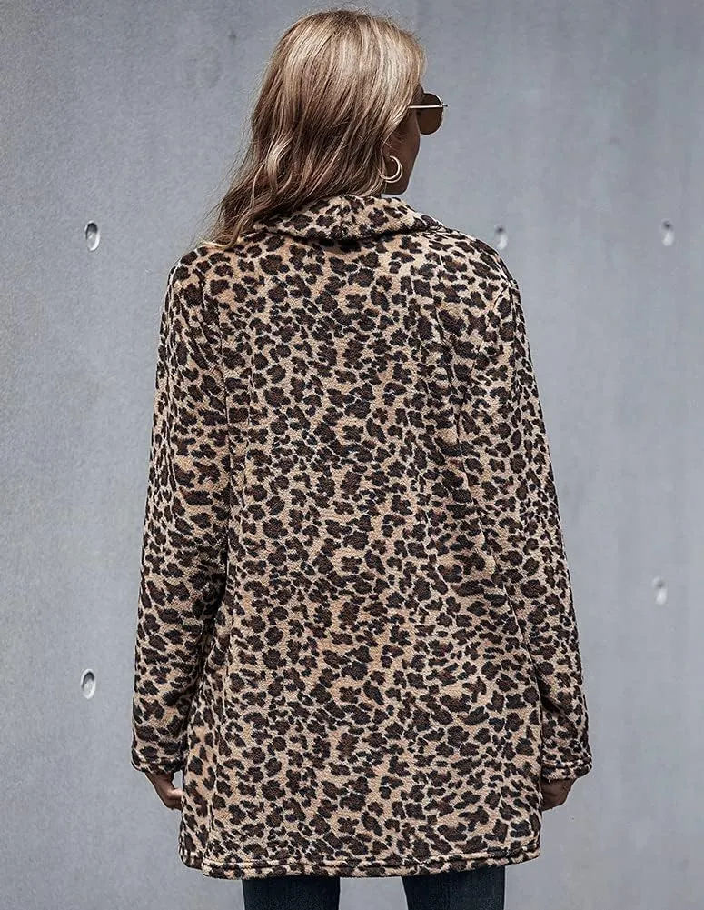 chouyatou Women's Warm Open Front Faux Fur Lapel Leopard Print Jacket Overcoat