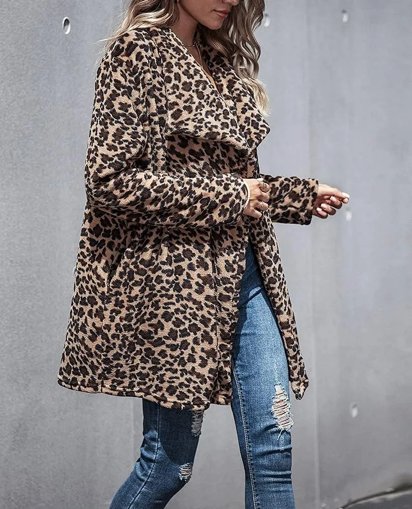 chouyatou Women's Warm Open Front Faux Fur Lapel Leopard Print Jacket Overcoat