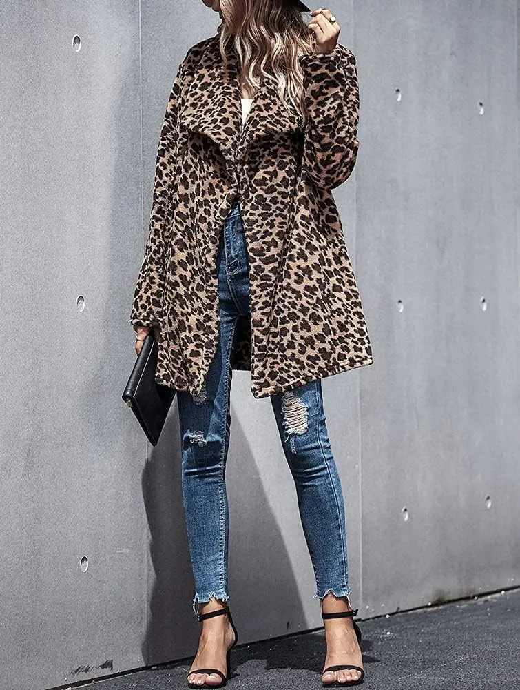 chouyatou Women's Warm Open Front Faux Fur Lapel Leopard Print Jacket Overcoat
