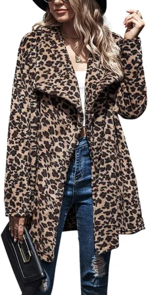 chouyatou Women's Warm Open Front Faux Fur Lapel Leopard Print Jacket Overcoat