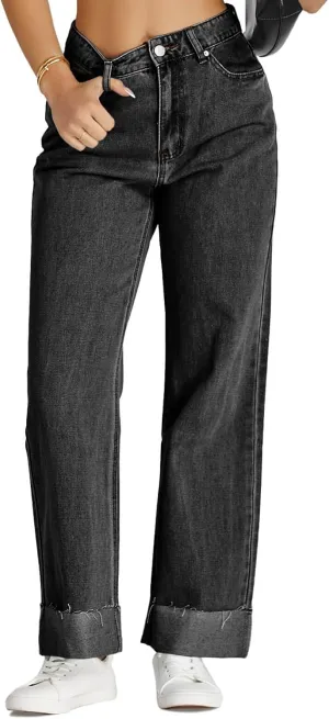 Cicy Bell Womens High Waisted Boyfriend Jeans Cuffed Raw Straight Leg Baggy Denim Pants with Pockets