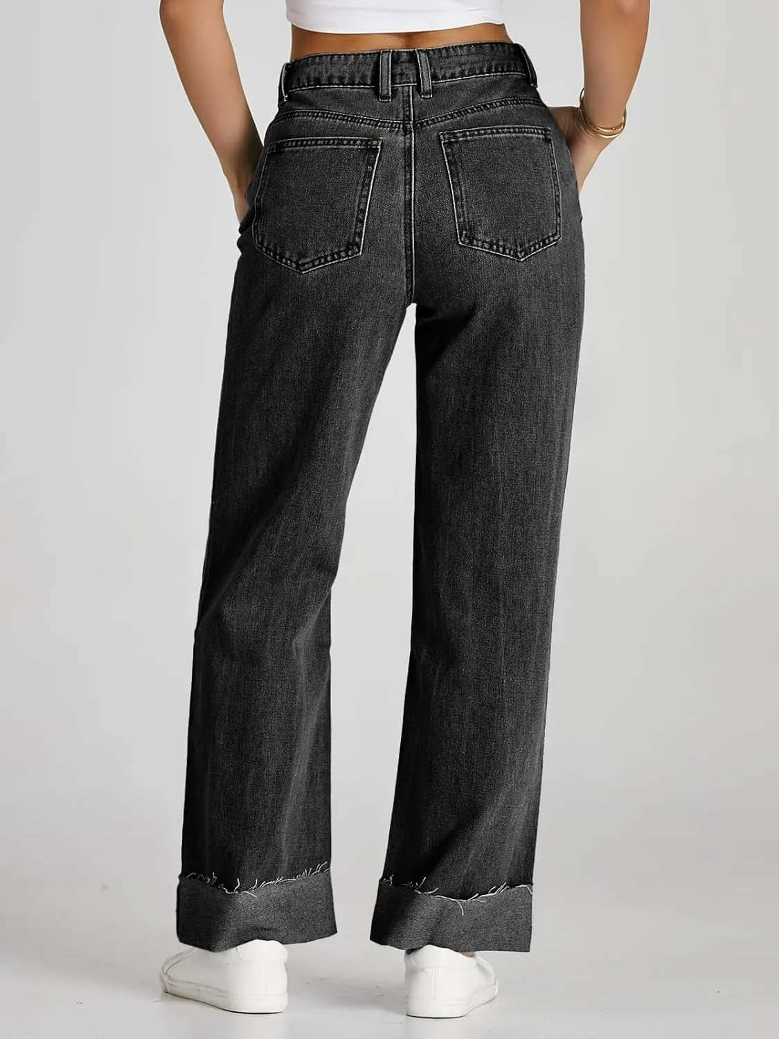 Cicy Bell Womens High Waisted Boyfriend Jeans Cuffed Raw Straight Leg Baggy Denim Pants with Pockets