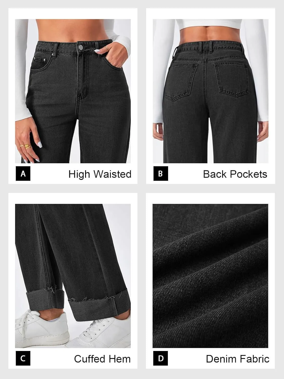 Cicy Bell Womens High Waisted Boyfriend Jeans Cuffed Raw Straight Leg Baggy Denim Pants with Pockets