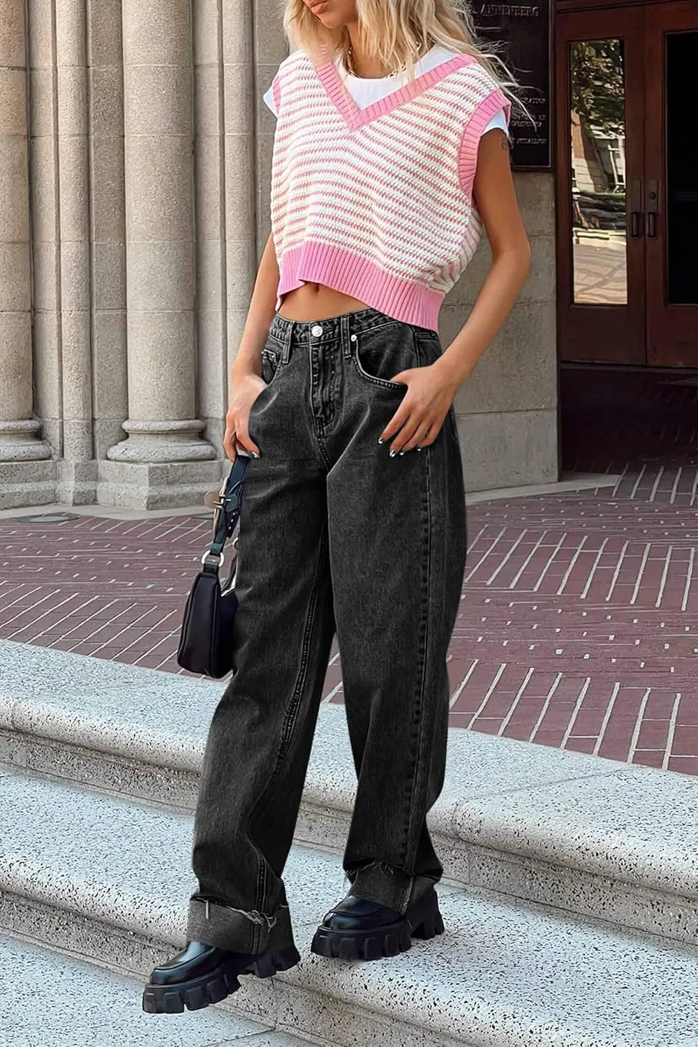 Cicy Bell Womens High Waisted Boyfriend Jeans Cuffed Raw Straight Leg Baggy Denim Pants with Pockets