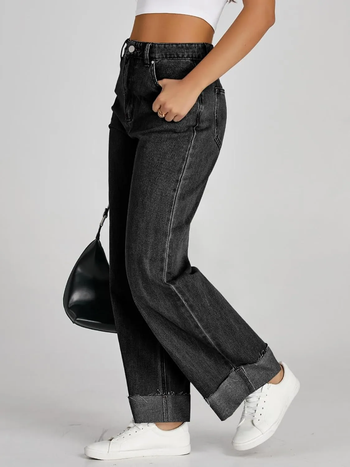 Cicy Bell Womens High Waisted Boyfriend Jeans Cuffed Raw Straight Leg Baggy Denim Pants with Pockets