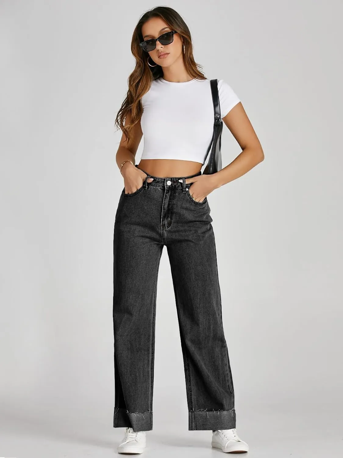 Cicy Bell Womens High Waisted Boyfriend Jeans Cuffed Raw Straight Leg Baggy Denim Pants with Pockets
