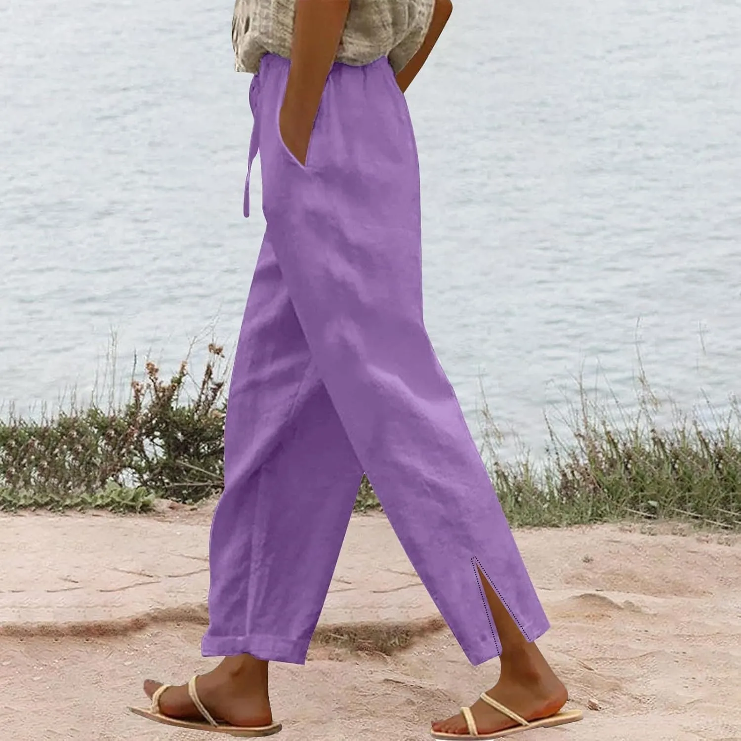 Cottin Linen Womens High Waist Casual Pants Relax Fit Drawstring Elastic Waist with Pockets Leg Lounge Summer Outfits