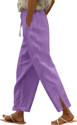 Cottin Linen Womens High Waist Casual Pants Relax Fit Drawstring Elastic Waist with Pockets Leg Lounge Summer Outfits
