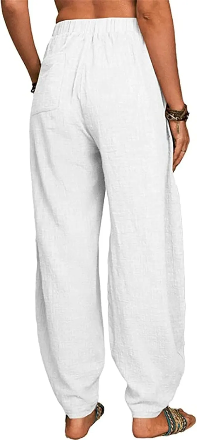 Cotton Linen Pants for Women Summer 2025 Casual Loose Fit High Waisted Pant Wide Leg Trousers with Pockets