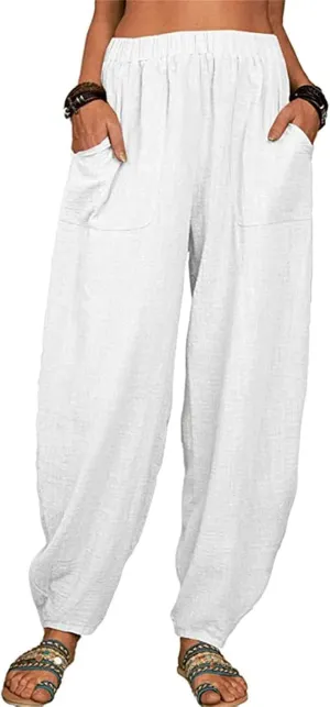 Cotton Linen Pants for Women Summer 2025 Casual Loose Fit High Waisted Pant Wide Leg Trousers with Pockets