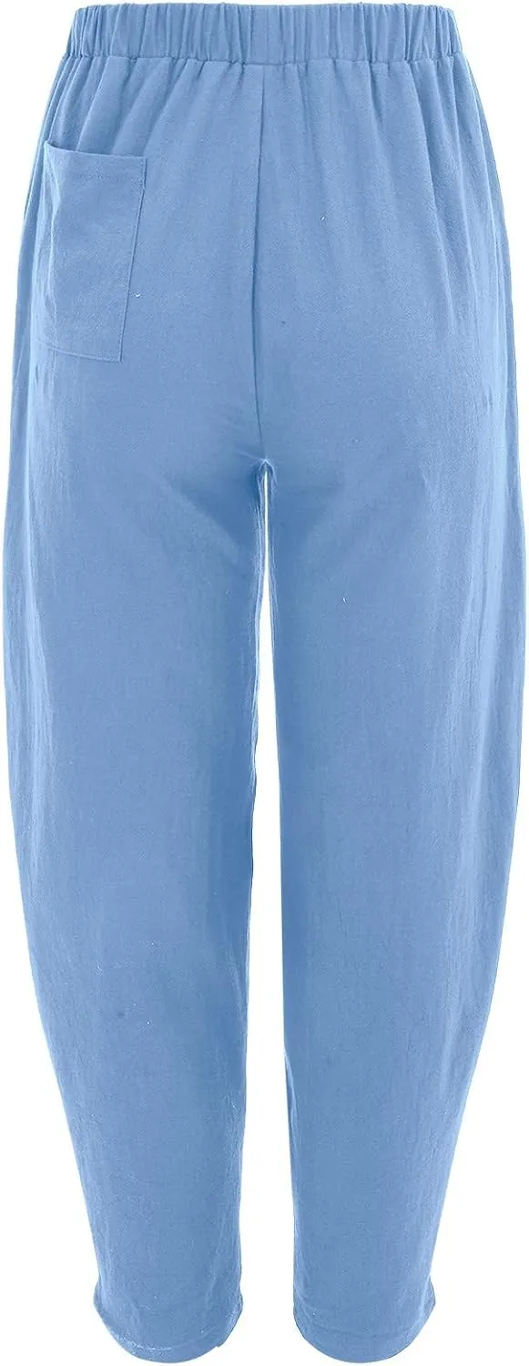 Cotton Linen Pants for Women Summer 2025 Casual Loose Fit High Waisted Pant Wide Leg Trousers with Pockets