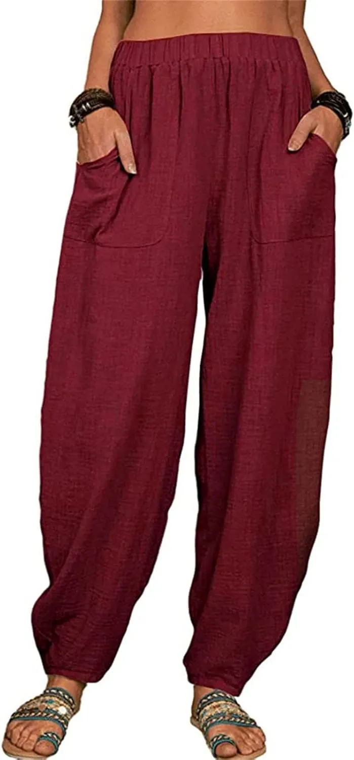 Cotton Linen Pants for Women Summer 2025 Casual Loose Fit High Waisted Pant Wide Leg Trousers with Pockets