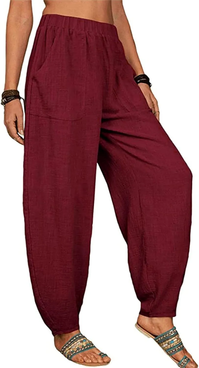 Cotton Linen Pants for Women Summer 2025 Casual Loose Fit High Waisted Pant Wide Leg Trousers with Pockets
