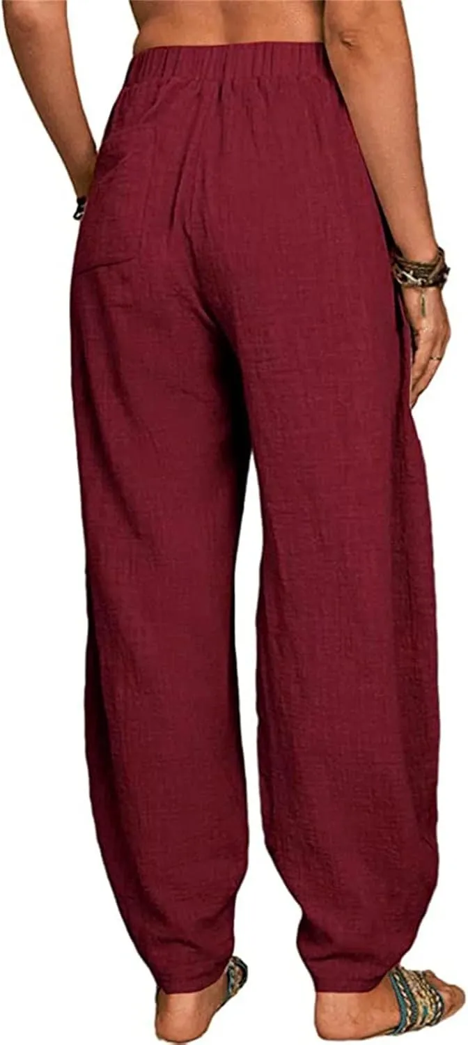 Cotton Linen Pants for Women Summer 2025 Casual Loose Fit High Waisted Pant Wide Leg Trousers with Pockets