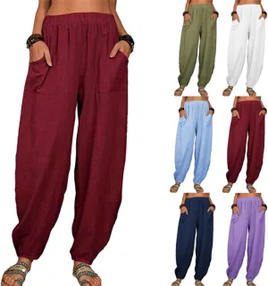 Cotton Linen Pants for Women Summer 2025 Casual Loose Fit High Waisted Pant Wide Leg Trousers with Pockets