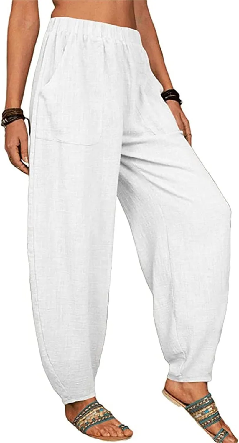 Cotton Linen Pants for Women Summer 2025 Casual Loose Fit High Waisted Pant Wide Leg Trousers with Pockets