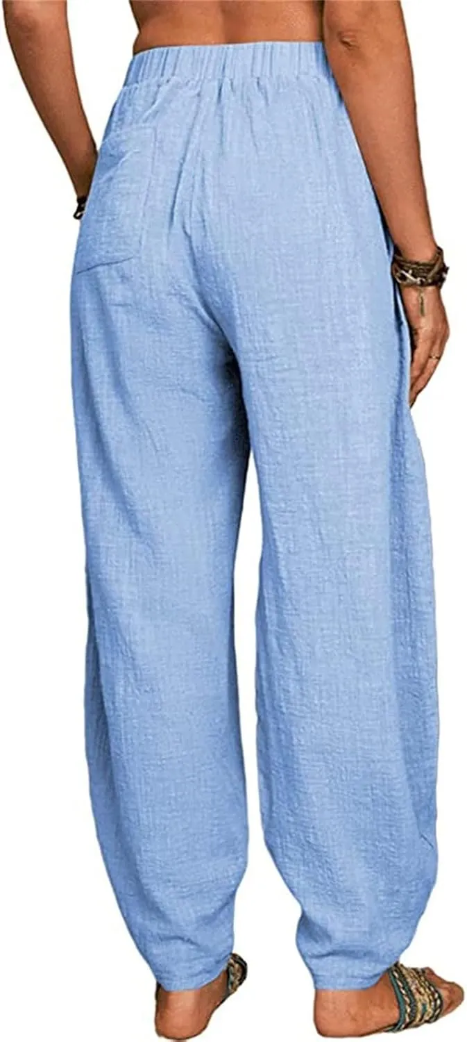 Cotton Linen Pants for Women Summer 2025 Casual Loose Fit High Waisted Pant Wide Leg Trousers with Pockets