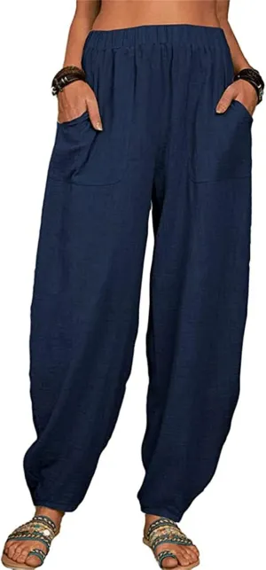 Cotton Linen Pants for Women Summer 2025 Casual Loose Fit High Waisted Pant Wide Leg Trousers with Pockets
