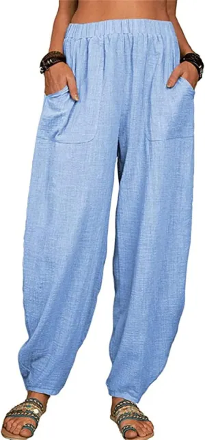 Cotton Linen Pants for Women Summer 2025 Casual Loose Fit High Waisted Pant Wide Leg Trousers with Pockets