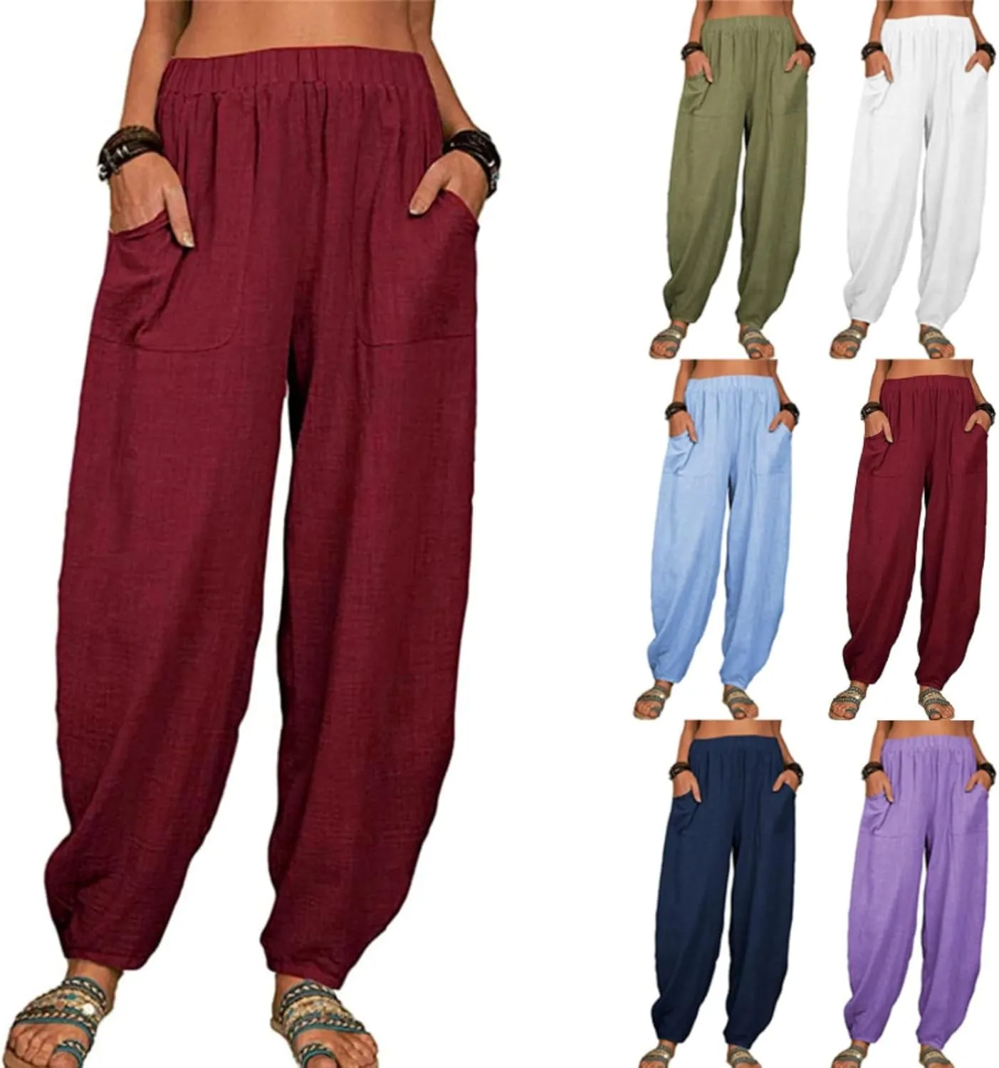 Cotton Linen Pants for Women Summer 2025 Casual Loose Fit High Waisted Pant Wide Leg Trousers with Pockets