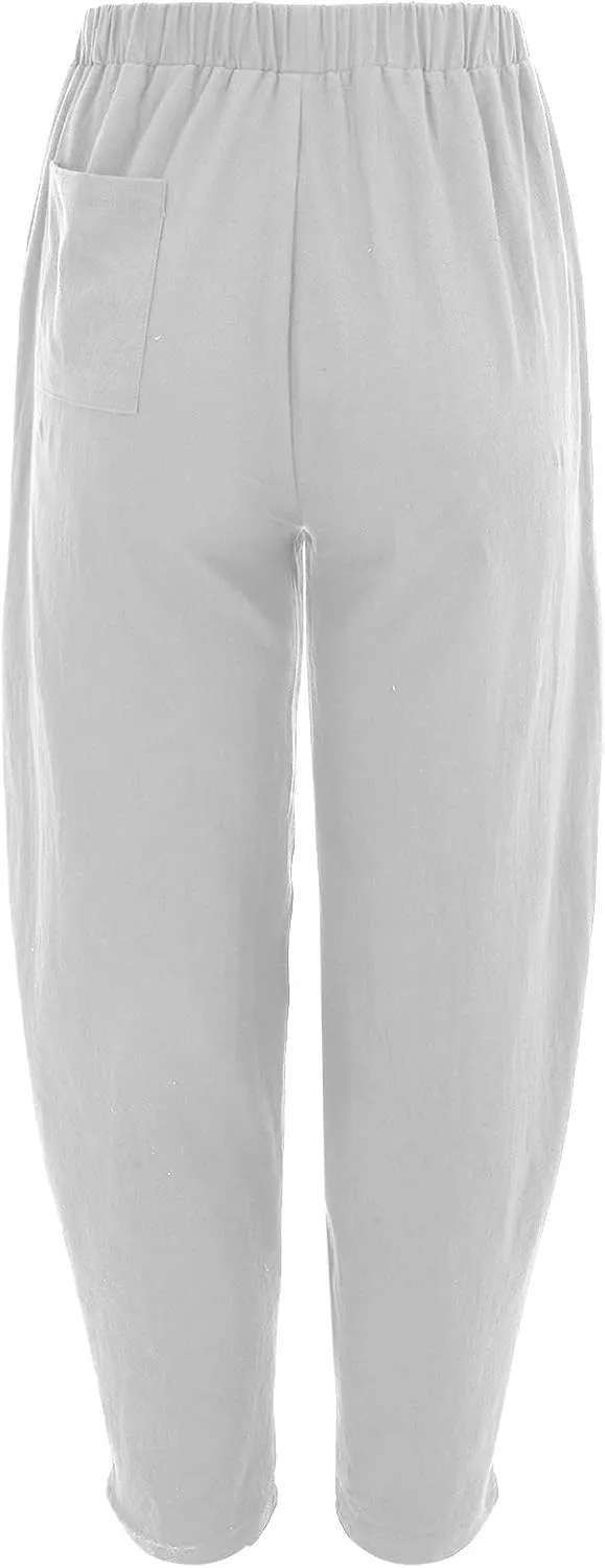 Cotton Linen Pants for Women Summer 2025 Casual Loose Fit High Waisted Pant Wide Leg Trousers with Pockets