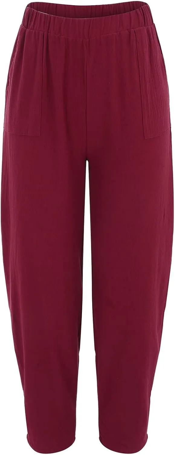 Cotton Linen Pants for Women Summer 2025 Casual Loose Fit High Waisted Pant Wide Leg Trousers with Pockets