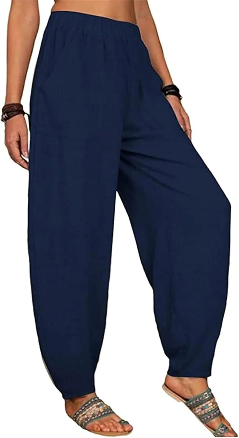 Cotton Linen Pants for Women Summer 2025 Casual Loose Fit High Waisted Pant Wide Leg Trousers with Pockets
