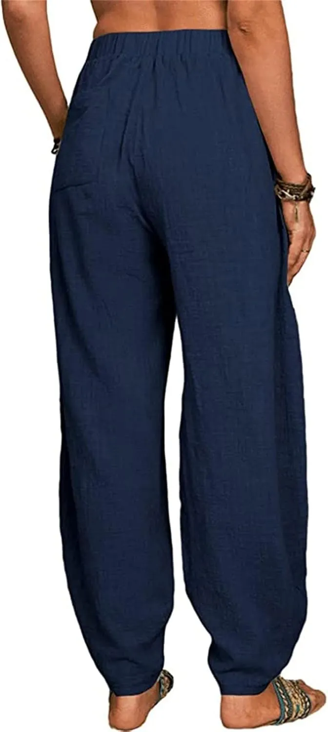 Cotton Linen Pants for Women Summer 2025 Casual Loose Fit High Waisted Pant Wide Leg Trousers with Pockets