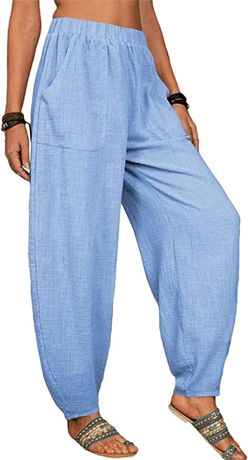 Cotton Linen Pants for Women Summer 2025 Casual Loose Fit High Waisted Pant Wide Leg Trousers with Pockets