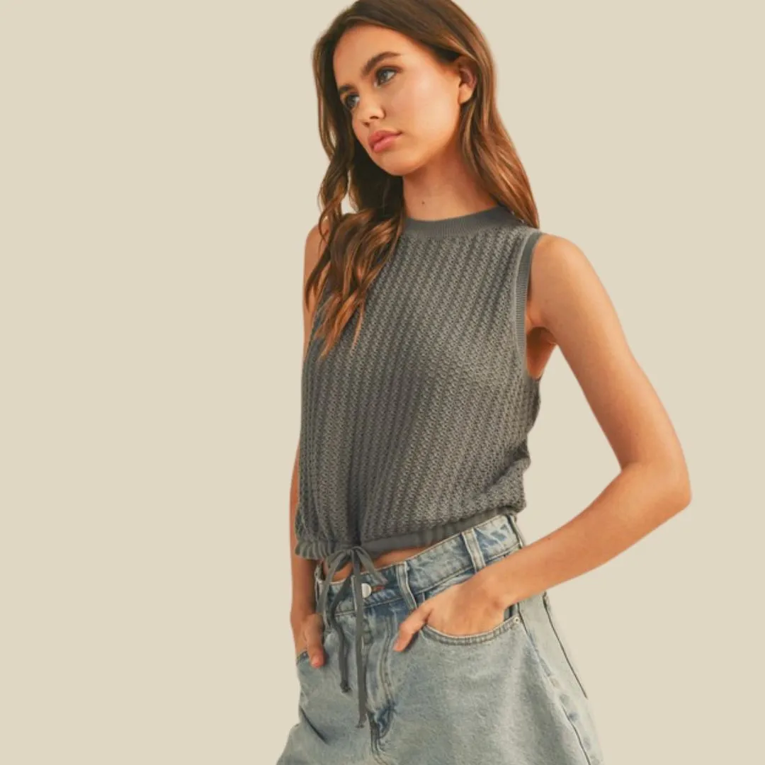 Crochet Knit Top with Drawstring (Charcoal)