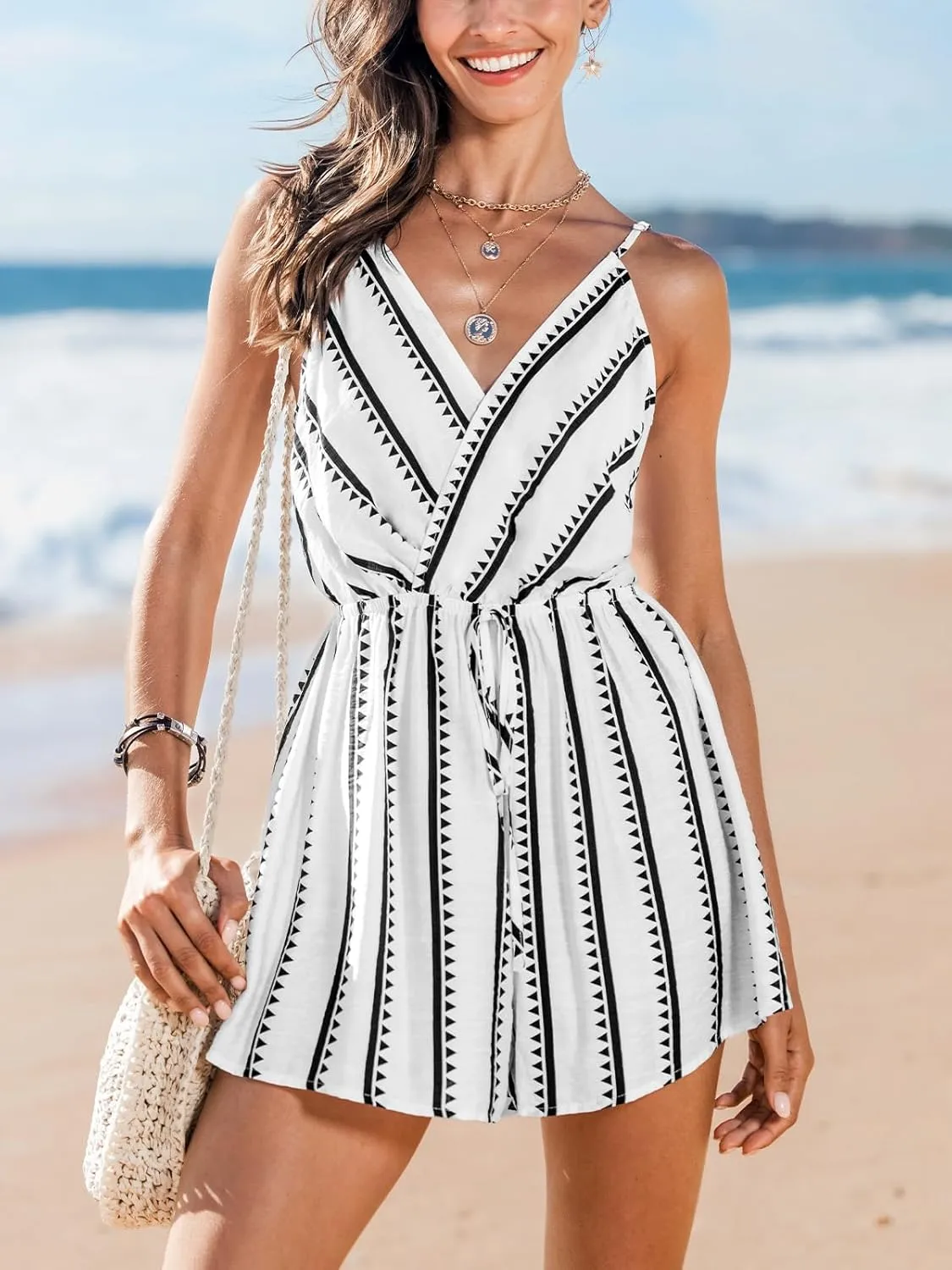 CUPSHE Women's Romper V Neck Sleeveless Cami Straps Waist Tie Wide leg Jumpsuit Outfit Coverup Casual Dressy