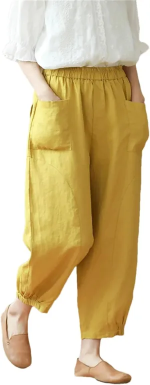 Dndrdhfb Women's Cotton Wide Leg Pants Casual High Waist Ankle Length Harem Pants with Pockets
