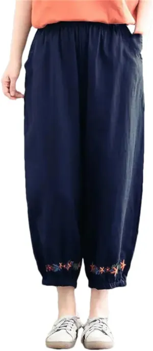 Dndrdhfb Women's Solid Color Boxer Harem Pants Loose High Waist Embroidered Straight Pants