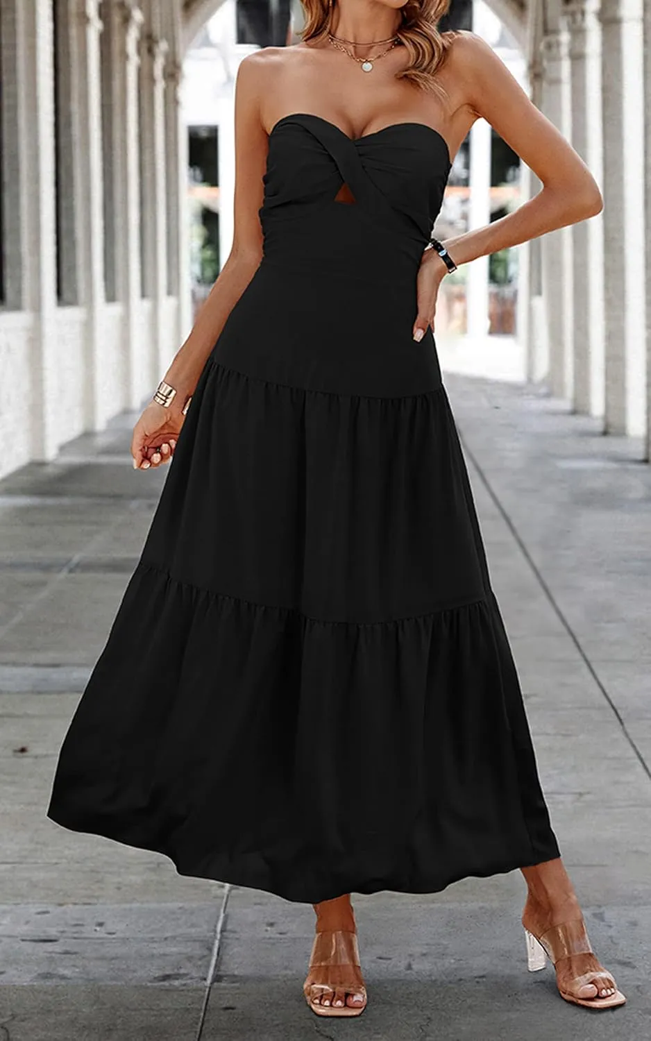 ECOWISH Women's Summer Strapless Maxi Dress 2025 Off Shoulder Hollow Out Smocked A Line Tube Tiered Long Dresses