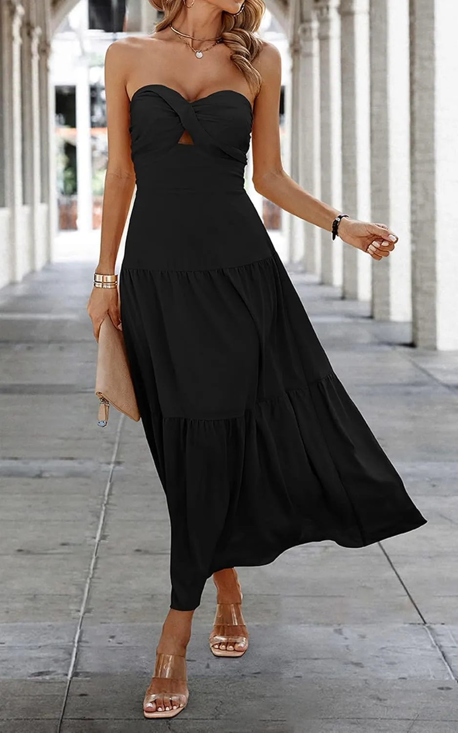 ECOWISH Women's Summer Strapless Maxi Dress 2025 Off Shoulder Hollow Out Smocked A Line Tube Tiered Long Dresses