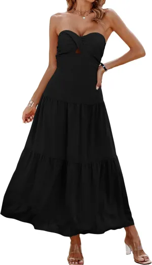 ECOWISH Women's Summer Strapless Maxi Dress 2025 Off Shoulder Hollow Out Smocked A Line Tube Tiered Long Dresses