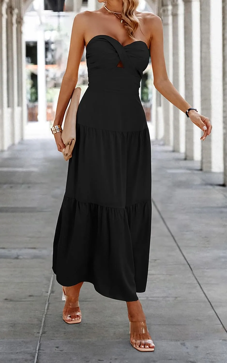 ECOWISH Women's Summer Strapless Maxi Dress 2025 Off Shoulder Hollow Out Smocked A Line Tube Tiered Long Dresses