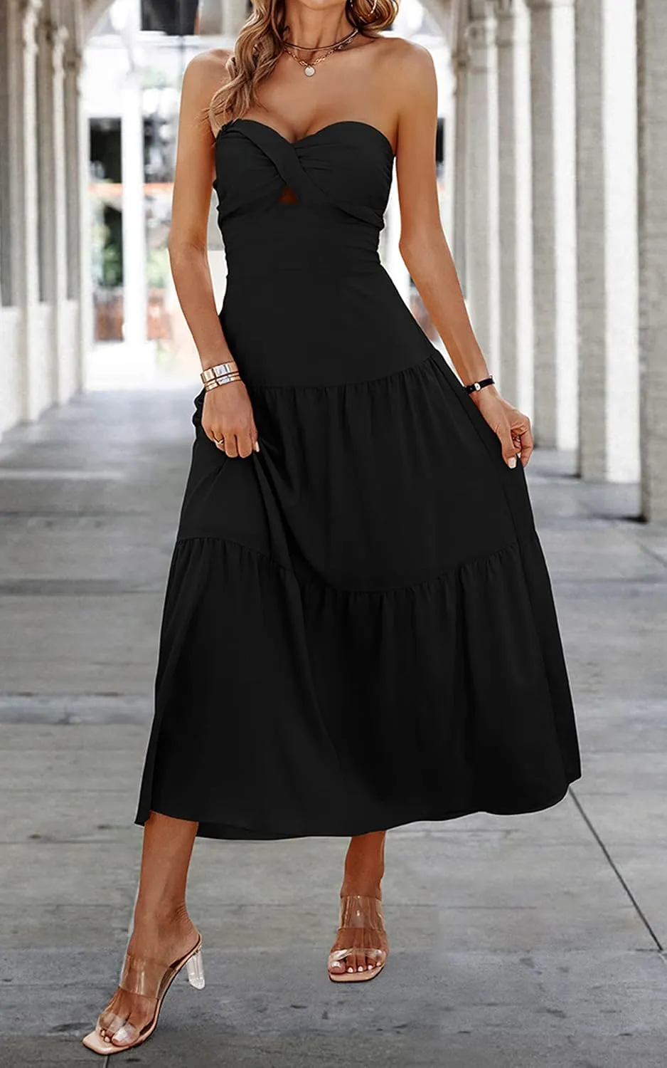ECOWISH Women's Summer Strapless Maxi Dress 2025 Off Shoulder Hollow Out Smocked A Line Tube Tiered Long Dresses