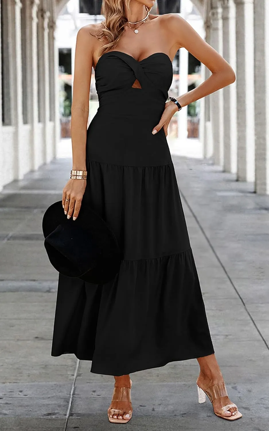 ECOWISH Women's Summer Strapless Maxi Dress 2025 Off Shoulder Hollow Out Smocked A Line Tube Tiered Long Dresses
