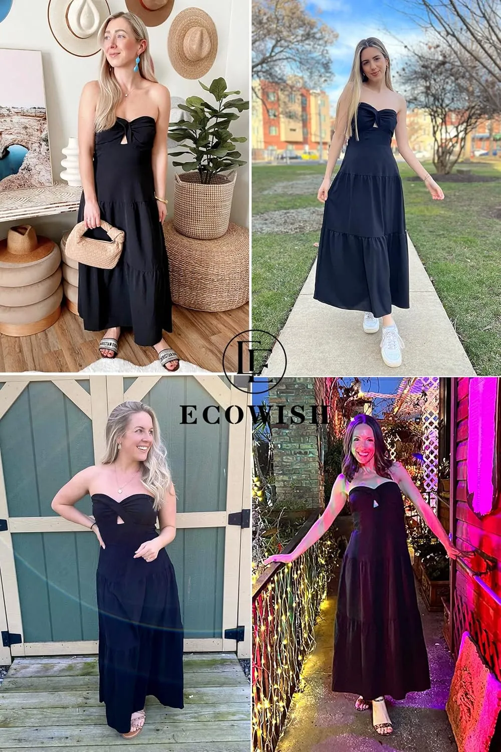 ECOWISH Women's Summer Strapless Maxi Dress 2025 Off Shoulder Hollow Out Smocked A Line Tube Tiered Long Dresses