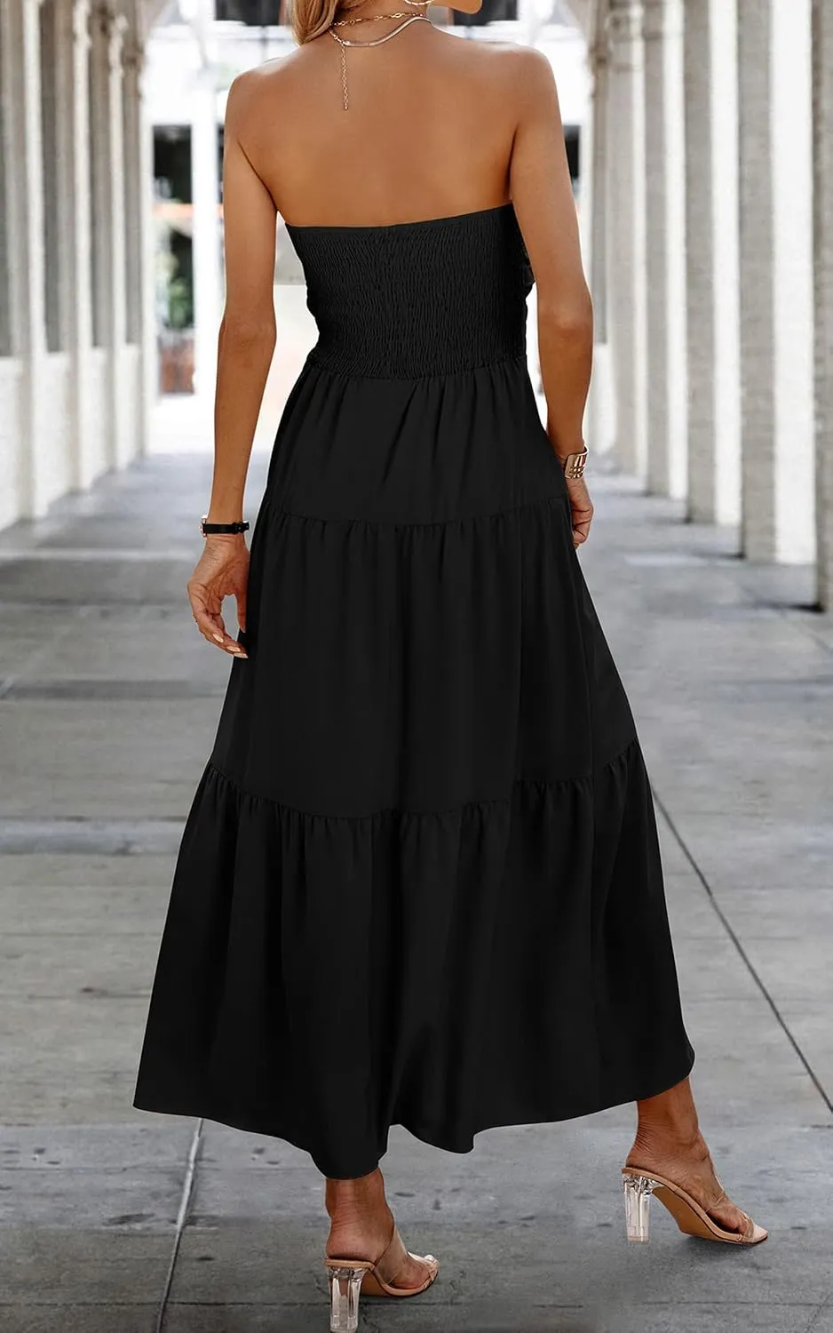 ECOWISH Women's Summer Strapless Maxi Dress 2025 Off Shoulder Hollow Out Smocked A Line Tube Tiered Long Dresses