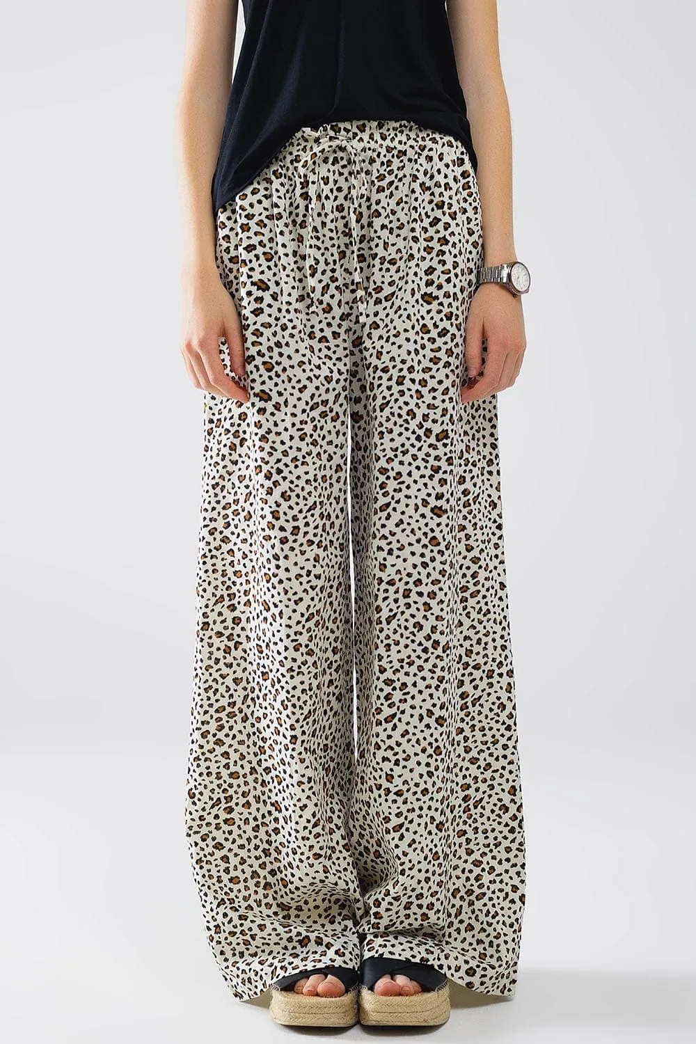 Elasticated Waist Straight Leg Pants In Leopard Print