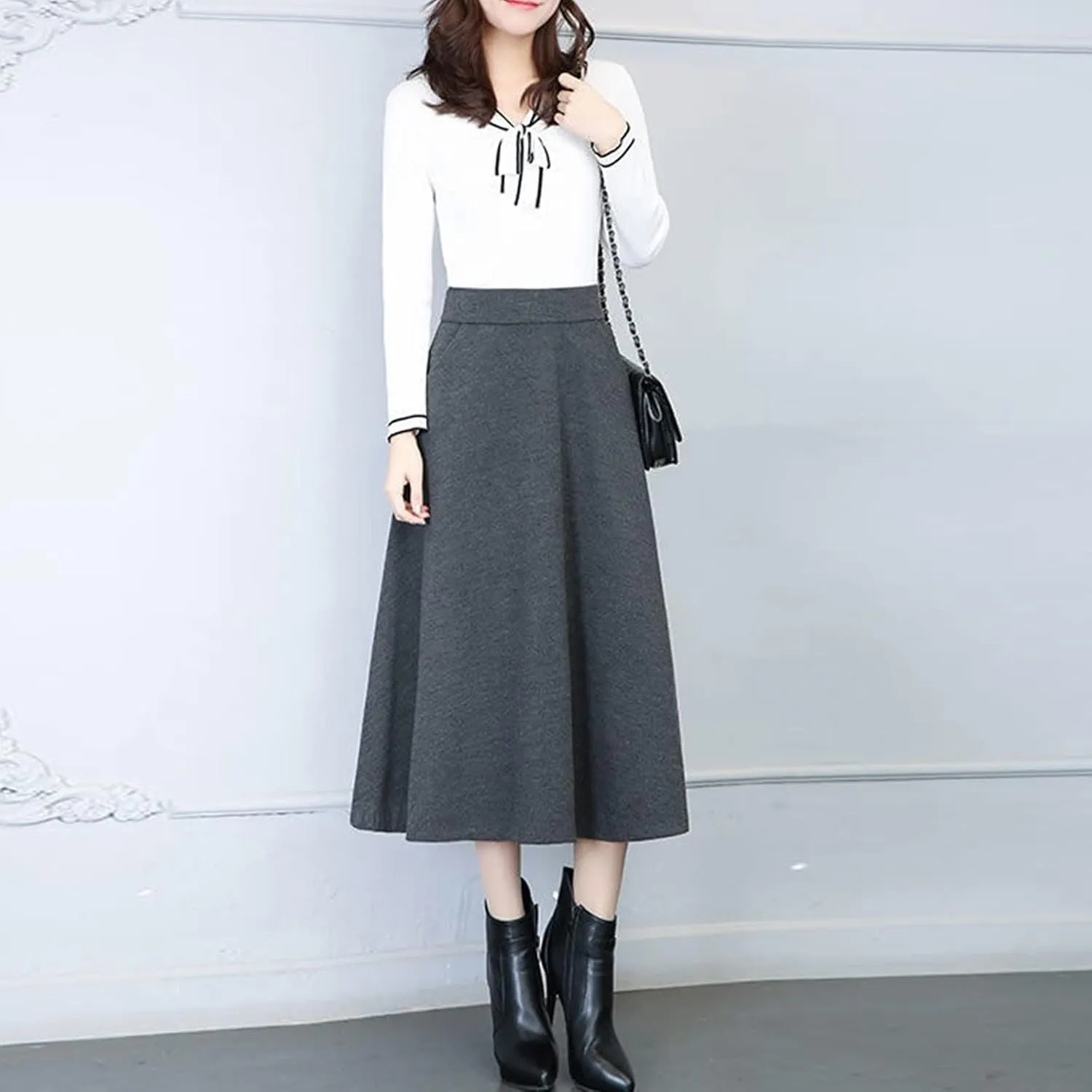 Flare Skirt Womens Winter Vintage High Elastic Waist A Line Pleated Wool Midi Skirt Lady Skirt Table Skirts
