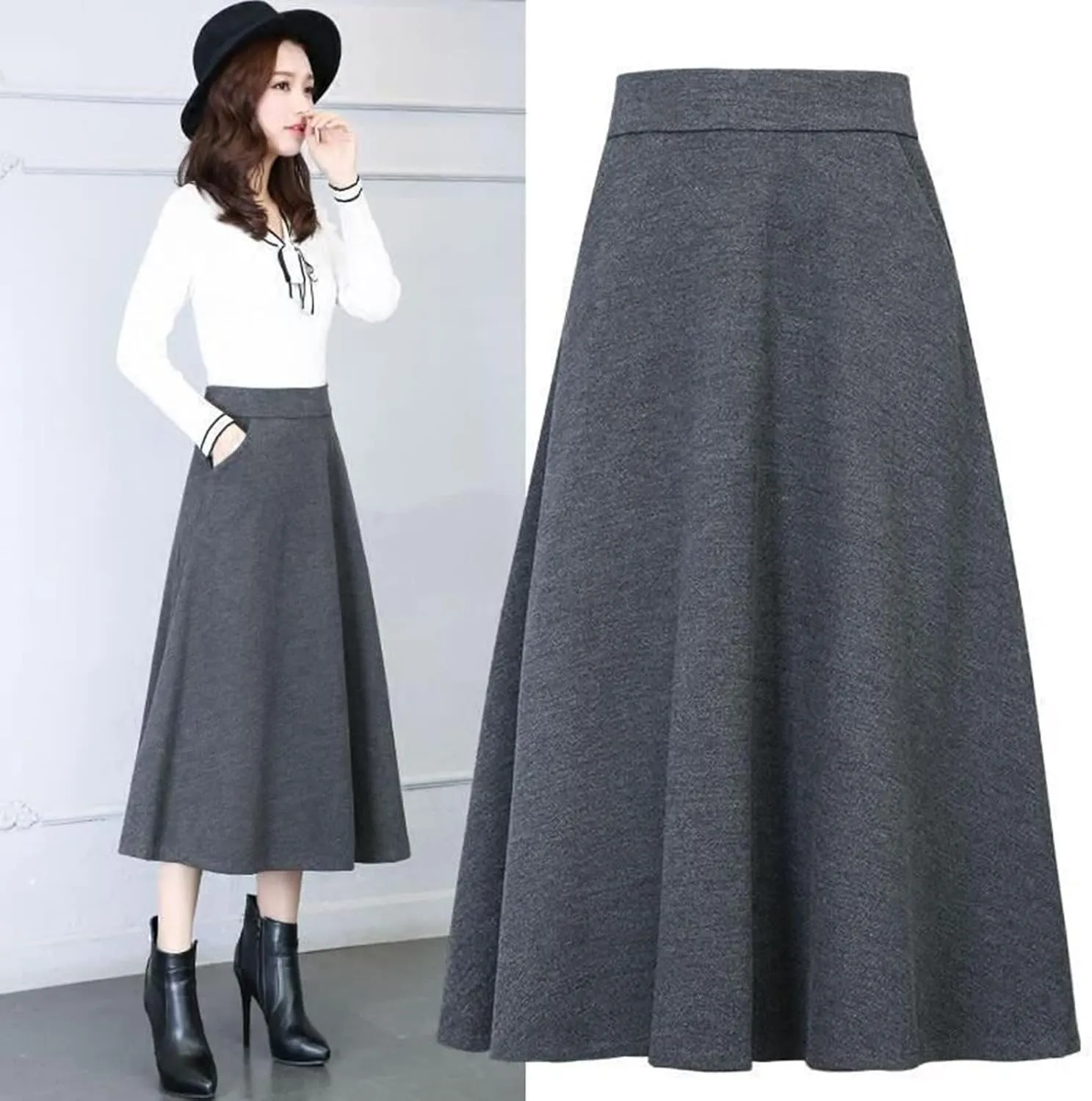Flare Skirt Womens Winter Vintage High Elastic Waist A Line Pleated Wool Midi Skirt Lady Skirt Table Skirts