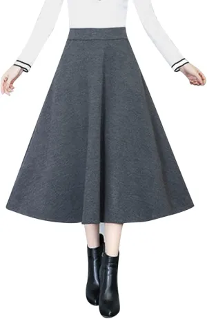 Flare Skirt Womens Winter Vintage High Elastic Waist A Line Pleated Wool Midi Skirt Lady Skirt Table Skirts