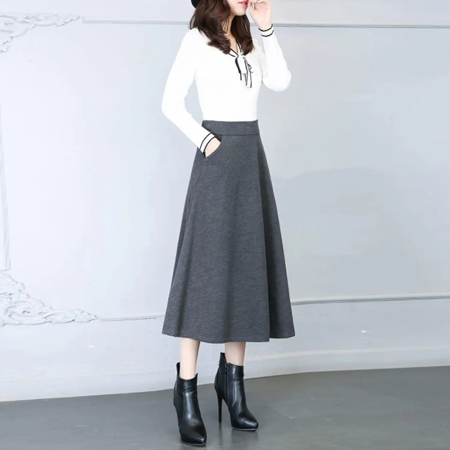 Flare Skirt Womens Winter Vintage High Elastic Waist A Line Pleated Wool Midi Skirt Lady Skirt Table Skirts