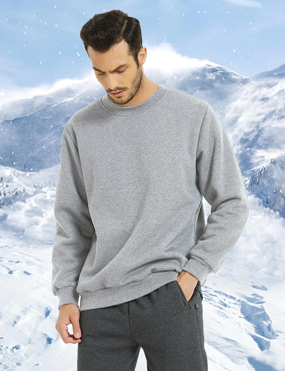 Flygo Men's Winter Warm Sherpa Lined Crewneck Sweatshirt Fleece Pullover Tops