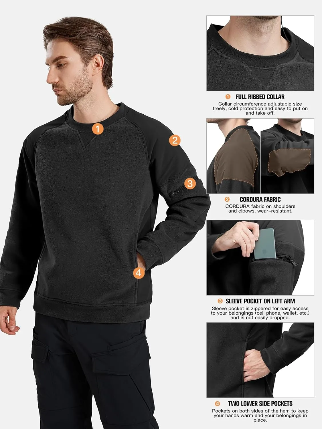 FREE SOLDIER Men's Tactical Winter Fleece Pullover Hoodie Warm Long Fleece lined Hooded Sweatshirt